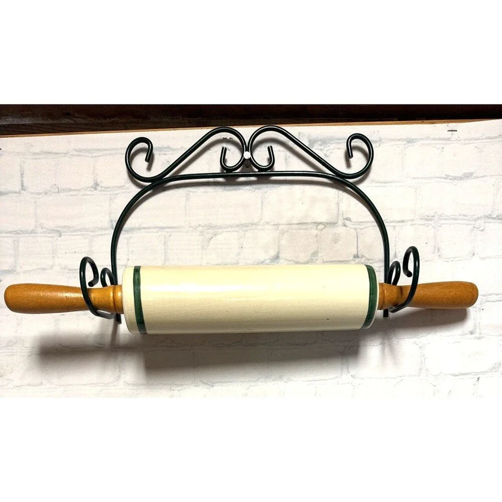 Vintage Ceramic Apple Dough Rolling Pin With Green Metal Wall Rack